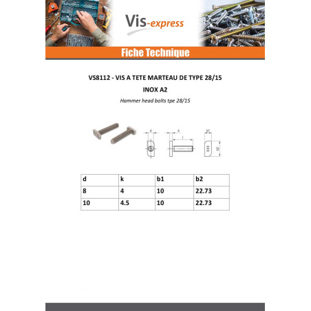 1 x Vis métaux Tête marteau 10X22.73.X4 M10X30 Inox A2 pour profilés 28/15