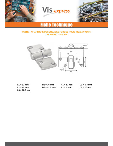 1 x Charnière dégondable Gauche Inox A4 92X36