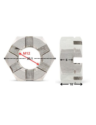 1 x Ecrou hexagonale à CRENEAUX BAS M12 Inox A2
