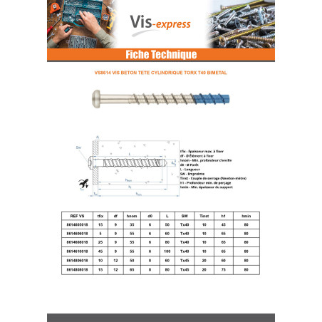 1 x Vis béton Tête cylindrique TC TORX T40 8X80 Bimétal