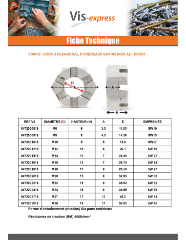 1 x Ecrou hexagonale à CRENEAUX BAS M8 Inox A2