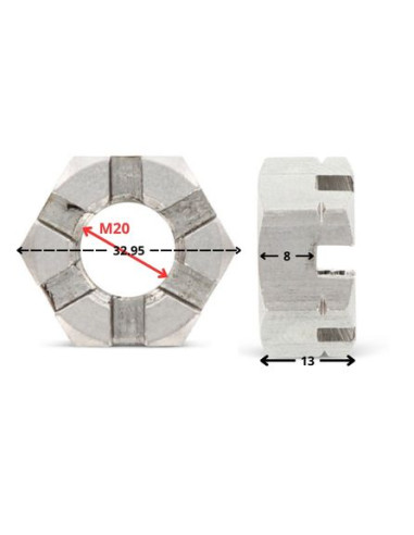 1 x Ecrou hexagonale à CRENEAUX BAS M20 Inox A2