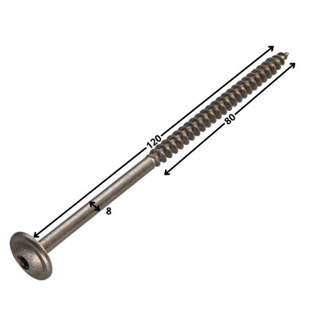 1 x Vis charpente tête disque Inox A2 8X120 Filetée sur 80 TORX T40 Diamètre de tête: 20
