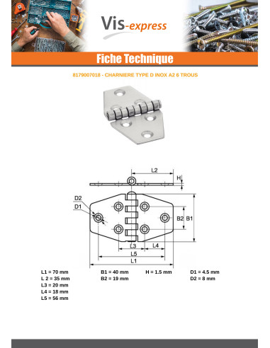 1 x Charnière Type D 6 trous Inox A2 70X40