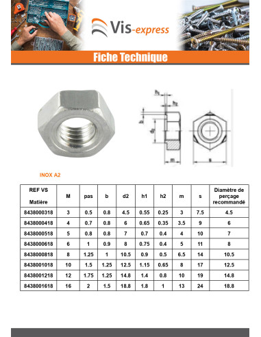 1 x Ecrou hexagonale à souder Inox A2 M8