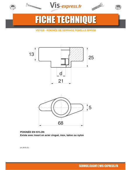 1 x Poignée de serrage femelle nylon noir Insert Nylon M6