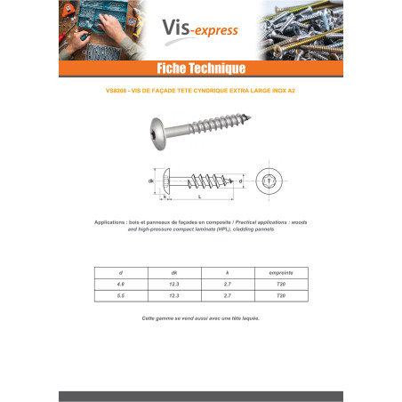 1 x Vis de facade TORX T20 5.5X38 Diamètre de tête: 12.3 Inox A2
