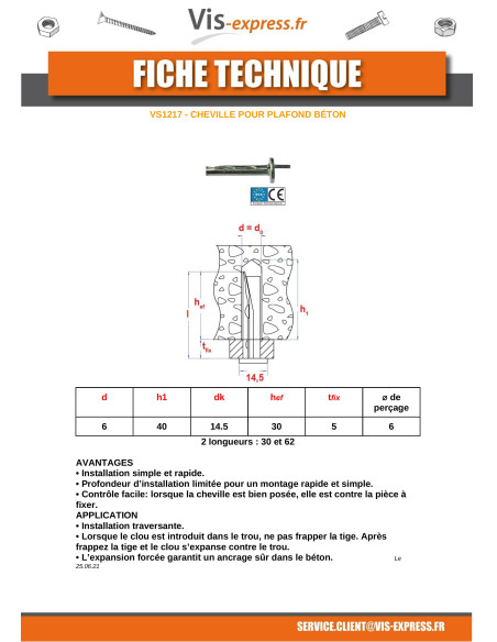 1 x Cheville Pour PLAFOND Béton 6X62
