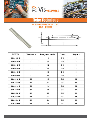 1 x Goupille Conique 2.5X20 Inox A1