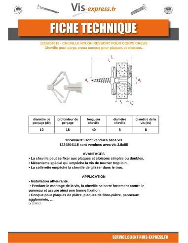 1 x Cheville Nylon à ressort pour corps creux 8X40