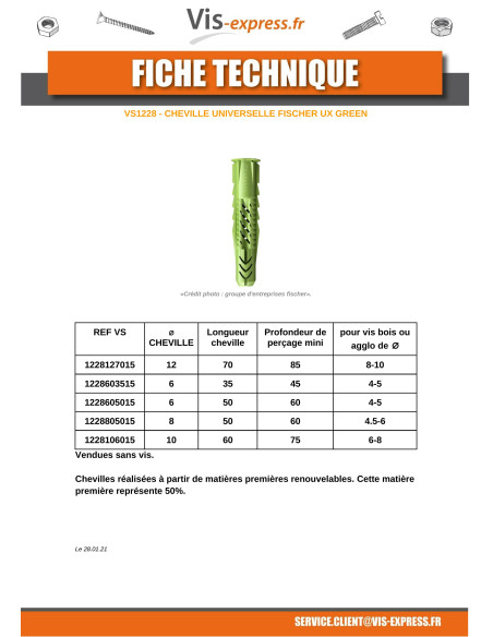 1 x Cheville Fischer UX GREEN 8X50