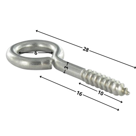 1 x Piton Bois 3X16 Filetée sur 10 Longueur total 28 Oeil 6 Inox A2