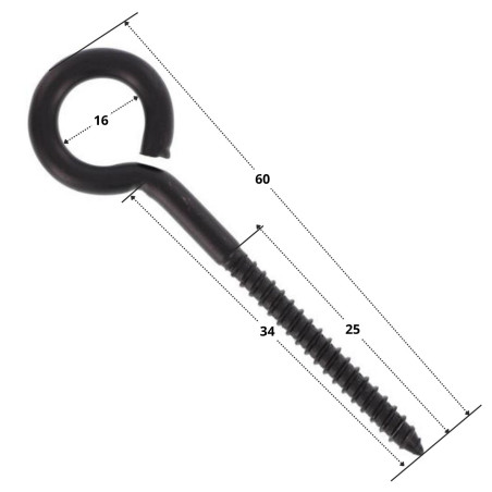 1 x Piton Bois Inox A4 Noir 6X62 Filetée sur 25 Oeil 16