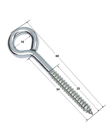 1 x Piton Bois Inox A4 6X62 Filetée sur 25 Oeil 16