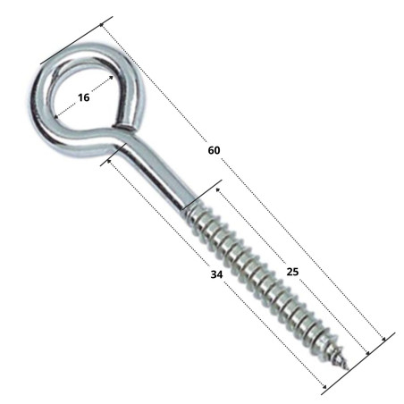 1 x Piton Bois Inox A4 6X62 Filetée sur 25 Oeil 16