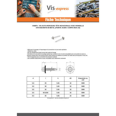 1 x Vis autoperceuse Bimétal Acier / Inox A4 Tête hexagonale TH Rondelle d'étanchéite EPDM 5.5X90