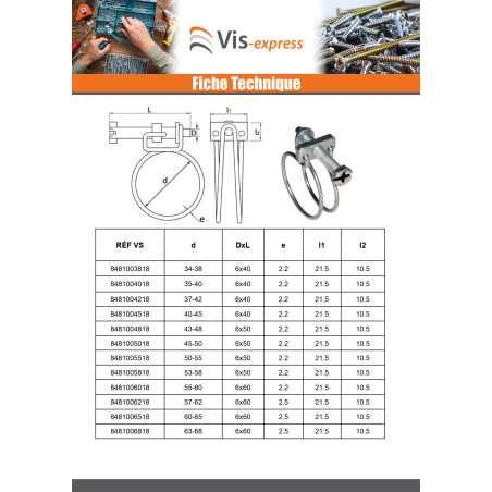 1 x Collier de serrage à double fil Diamètre 60 à 65 Acier zingué W1