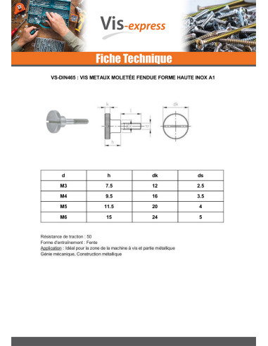 1 x Vis métaux Moletée Fendue Forme Haute Inox...