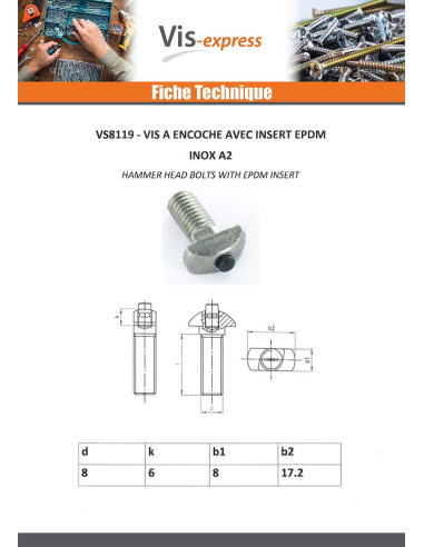 1 x Vis métaux Tête marteau 17.2X8X6 EDPM M8X18...