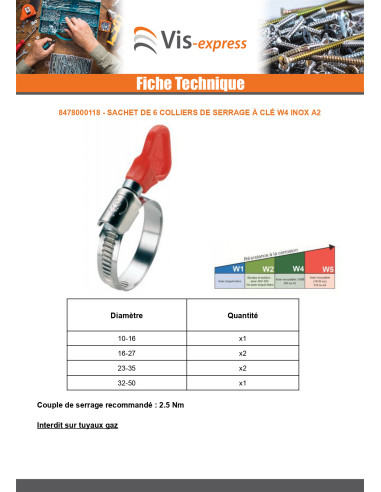 1 x Sachet De 6 Collier de serrage à Clé Inox W4