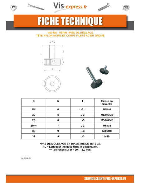 1 x Pied à vérin réglabke M10X60 Diamètre de tête: 38