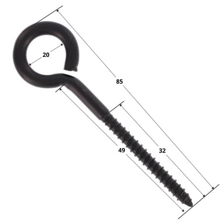1 x Piton Bois Inox A4 Noir 8X84 Filetée sur 49 Oeil 20