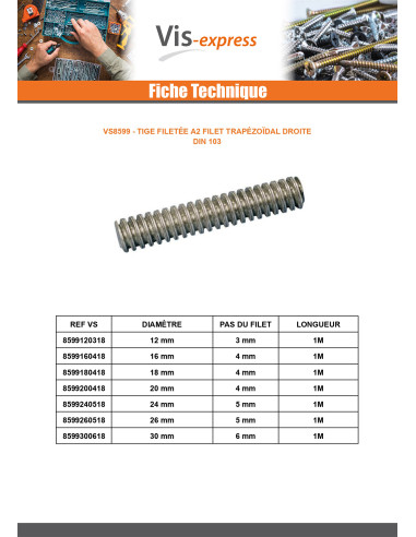 1 x Tige filetée Inox A2 Filet Trapézoidale...