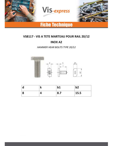 1 x Vis métaux Tête marteau 8.7X15.5X4 M8X20...