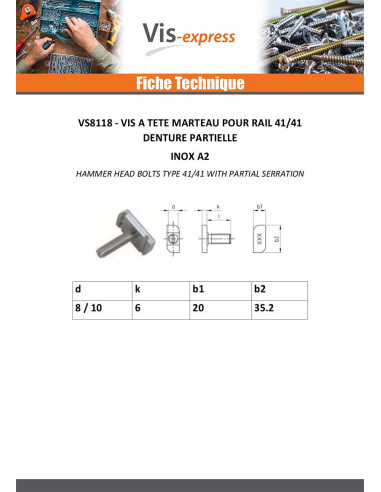 1 x Vis métaux Tête marteau 20X35.2X6 M8X30...