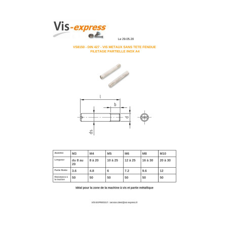 1 x Vis métaux Sans tête Fendue Bout téton Plate Filetage partiel M6X20 Filetée sur 7.2 Inox A4