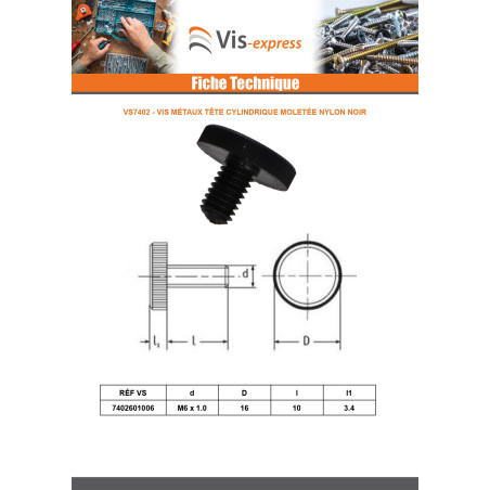 1 x Vis métaux nylon noir Tête cylindrique TC Moletée M6X10