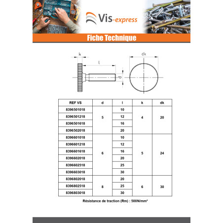 1 x Vis métaux Moletée Basse Inox A1 M6X10