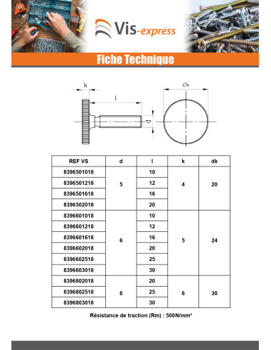 1 x Vis métaux Moletée Basse Inox A1 M6X16
