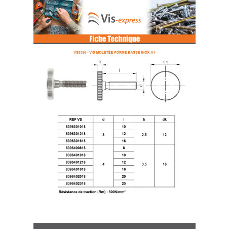 1 x Vis métaux Moletée Basse Inox A1 M5X20