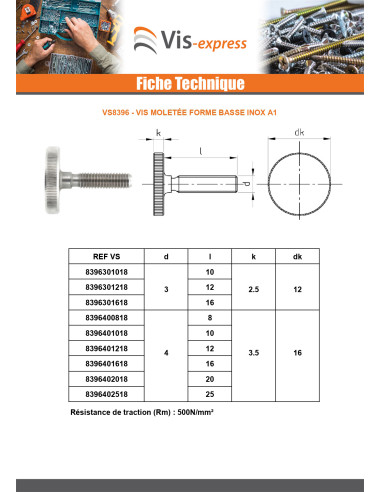 1 x Vis métaux Moletée Basse Inox A1 M6X25