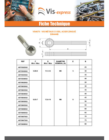 1 x Vis métaux à Oeil M8X75 Filetée sur 22...