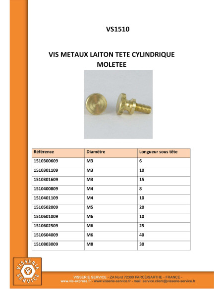 1 x Vis métaux Laiton Tête cylindrique TC Moletée M5X10