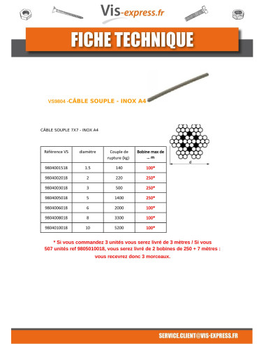 1 x Mètre de Câble souple Diamètre 10 Inox A4...