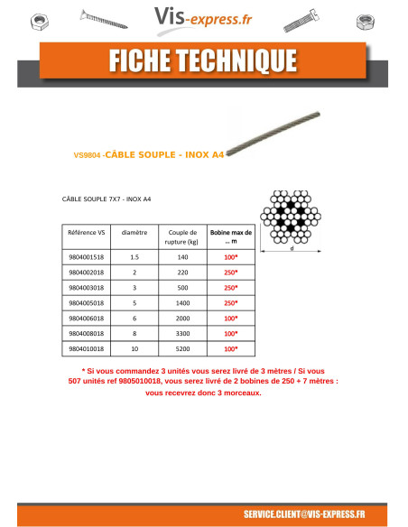 1 x Mètre de Câble souple Diamètre 10 Inox A4 7X19 Charge de rupture 5200 kg (vendu au m)
