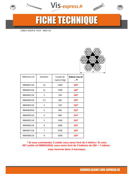 1 x Mètre de Câble souple Diamètre 7 Inox A4 7X19 Charge de rupture 2500 kg (vendu au m)
