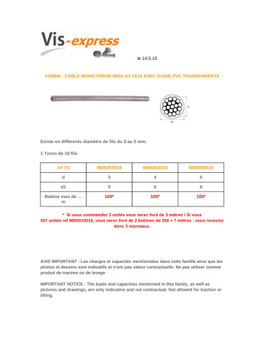 1 x Mètre de Câble monotoron Diamètre 3 Inox A4...