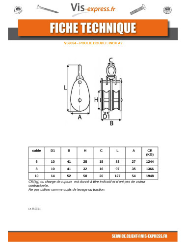 1 x POULIE Double De 25 Inox A2 Pour Câble De 6