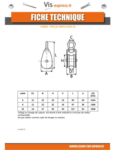 1 x POULIE SIMPLE De 25 Inox A2 Pour Câble De 6