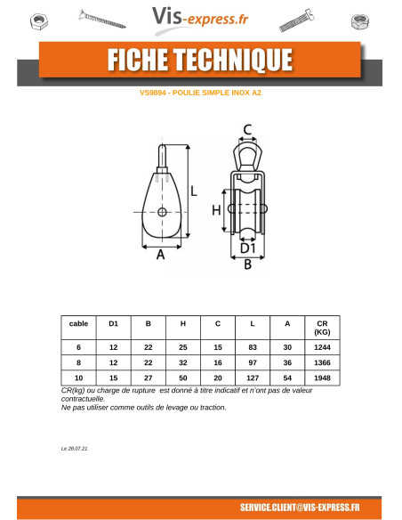 1 x POULIE SIMPLE De 25 Inox A2 Pour Câble De 6