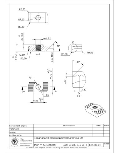 1 x Ecrou RAIL PARRALELOGRAMME M5 Acier zingué